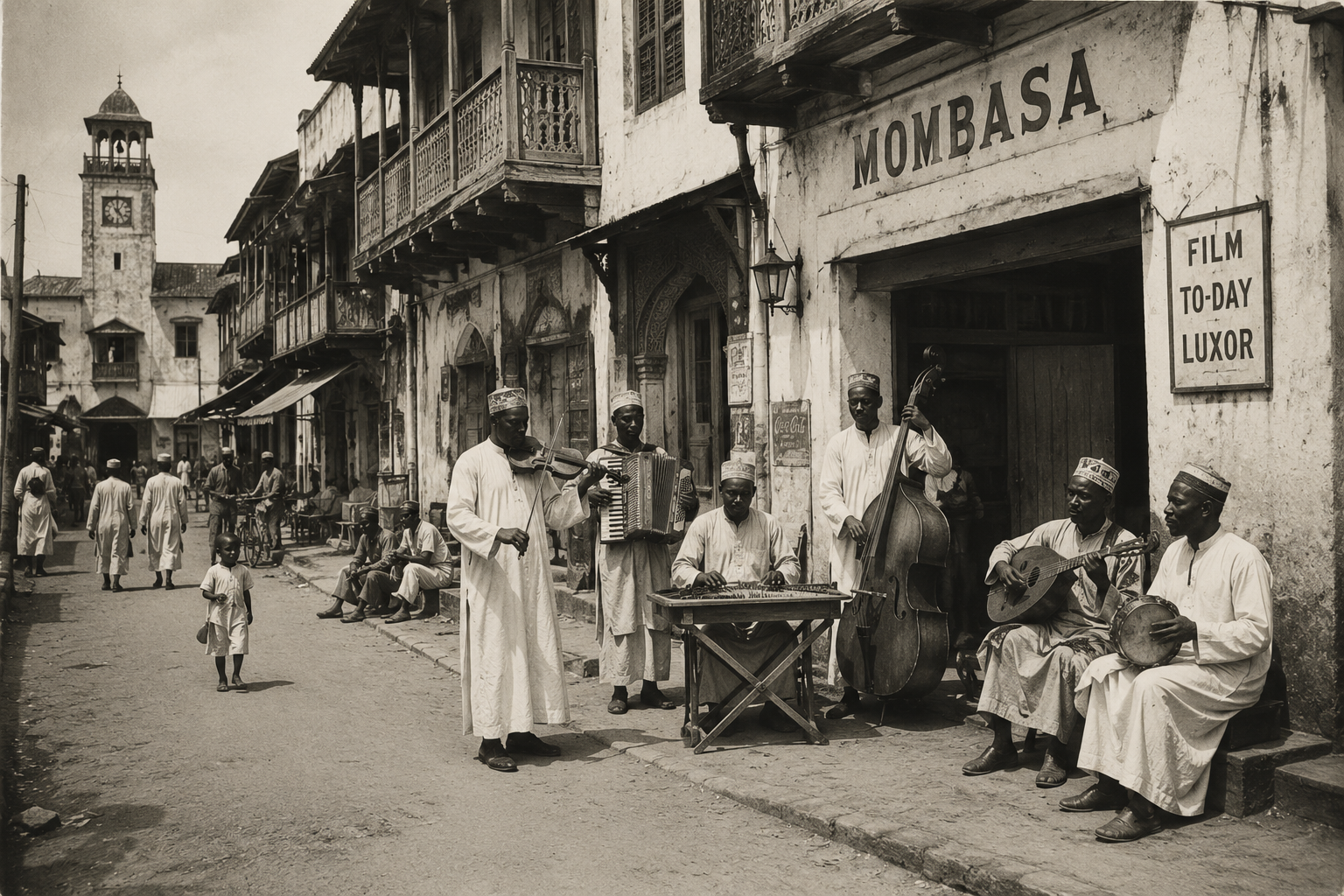 Historic-style Mombasa street ensemble with coastal musicians
