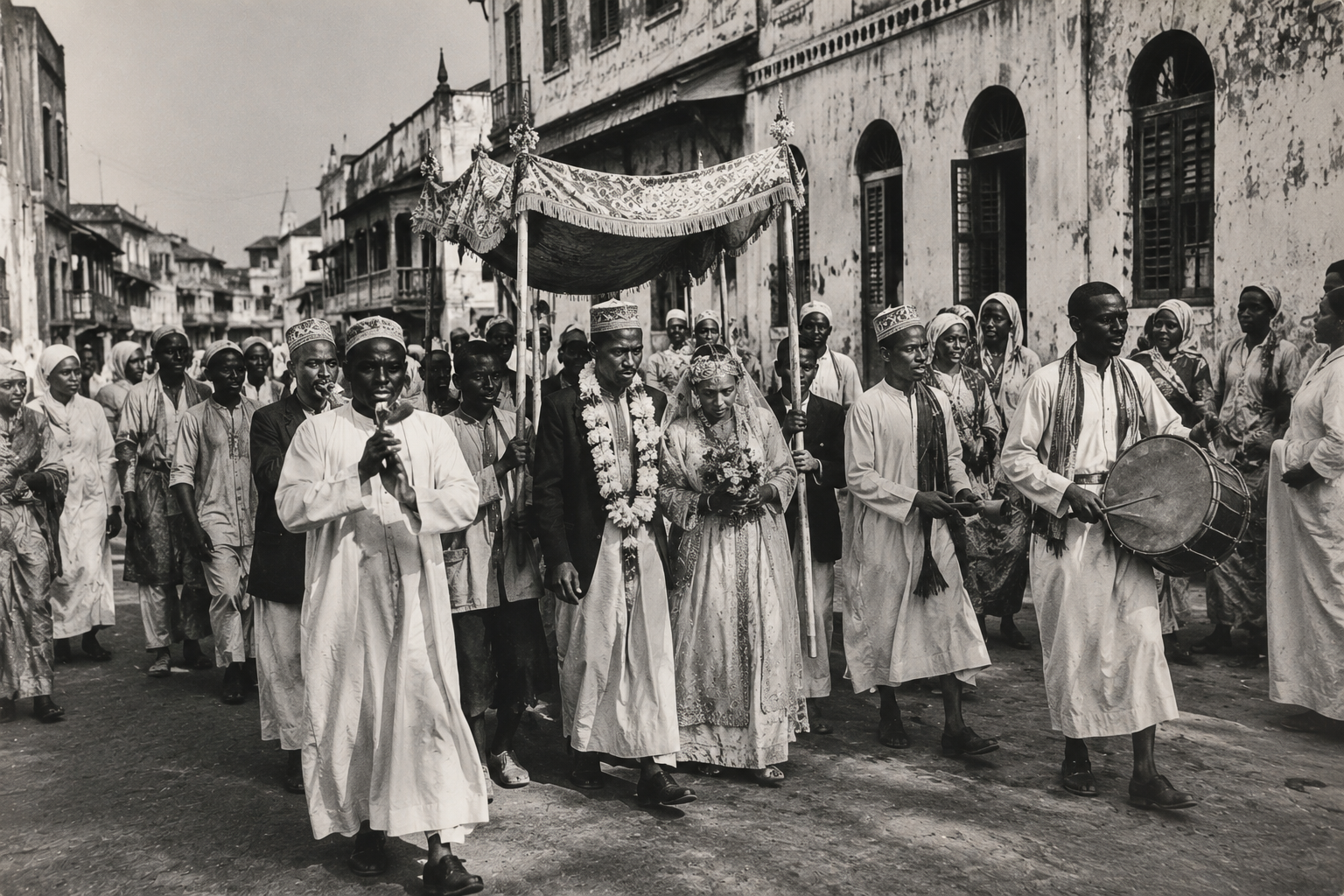 Historic-style Swahili wedding procession with musicians